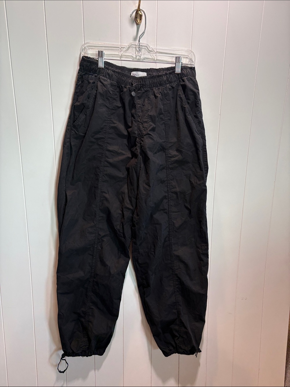 Zara black cotton parachute pants adjustable cinch waist and cuffs M